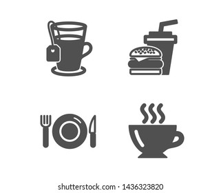 Set of Tea, Food and Hamburger icons. Coffee sign. Glass mug, Restaurant, Burger with drink. Cappuccino.  Classic design tea icon. Flat design. Vector