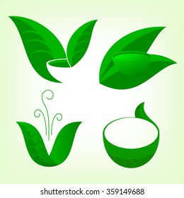 The set of tea or herbal drinks logo in green shades. Vector designs elements.