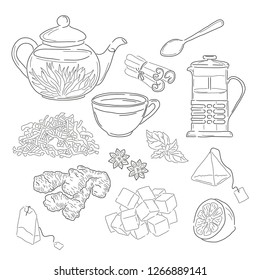 set of tea, herbs and spices