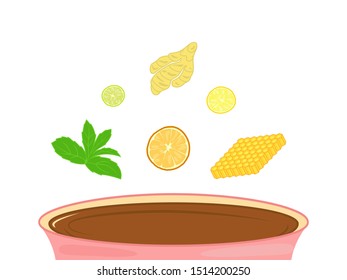 set for tea with honey, mint, citrus, ginger. design for decor postcards, posters, tea shop menu. concept of healthy eating fall and winter, warming drinks. isolated elements on white background