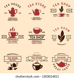 Set of tea house labels. Design element for logo, emblem, sign, poster. Vector illustration