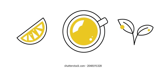 Set of Tea Icon Illustrations. Signs, Symbols. Lines and Circles. Yellow, Black and White. Cup of Tea, Lemon Slice, Leaves. Menu, Cafe, Restaurant, Bar. Beverages. Vector Collection