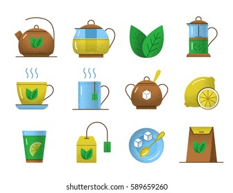 Set of tea icons retro texture. Pictogram collection with kettle and cup, teapot and glass, leaf of mint, nature beverage, sugar and spoon, teabag, lemon and paper package.