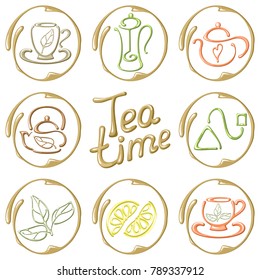 Set of tea icons in round frame. Tea time