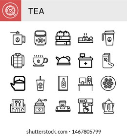 Set of tea icons such as Coffee, Coffee mug, Instant coffee, Dumpling, Cupping, cup, Winter, Teapot, Front desk, Valenki, Soda, Wine menu, Reception, Restaurant, grinder , tea