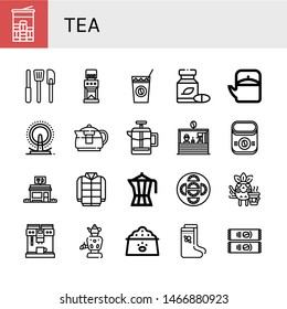 Set of tea icons such as Mint, Kitchen tools, Coffee grinder, Cold coffee, Herbal, Teapot, London eye, French press, Coffee shop, Instant Restaurant, Winter, maker , tea