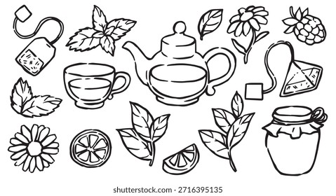 conjunto de ilustrações de chá. Bule, caneca, chá de ervas, limão e hortelã. Desenho de estilo de rabiscar vetor