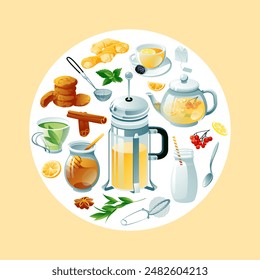 A set of tea items. Square and round composition. Vector illustration. Green, black, herbal teapot, cup and symbols. Vector illustration