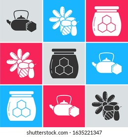 Set Tea kettle with honey, Bee and flower and Jar of honey icon. Vector