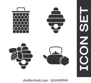 Set Tea kettle with honey, Honeycomb, Hive for bees and Hive for bees icon. Vector