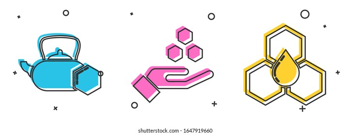 Set Tea kettle with honey, Honeycomb and hand and Honeycomb icon. Vector