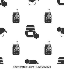 Set Tea kettle with honey, Jar of honey and Jar of honey and honey dipper stick on seamless pattern. Vector