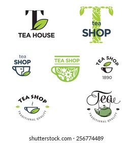 Set of tea label and logo design elements. Vector.