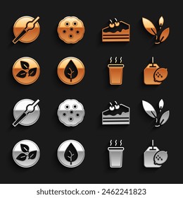 Set Hoja de té, bolsa con limón, taza de té, pastel de pedazos, cigarrillo y galleta o icono de galleta. Vector