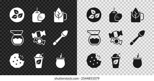 Set Tea leaf, bag with lemon, Cup of tea, Cookie or biscuit, Mate, Teapot and Candy icon. Vector