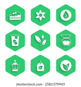 Set Tea leaf, bag with, Teapot, French press, Ice tea,  and Piece of cake icon. Vector