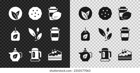 Set Tea leaf, Cookie or biscuit, Cup of tea with lemon, Teapot, Electric kettle, Piece cake, bag and  icon. Vector