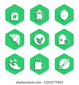 Set Tea leaf, Cup of tea, Cigarette, with milk, in hand, Croissant, Lemon and bag icon. Vector