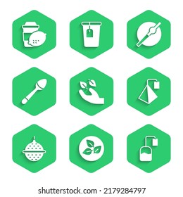 Set Tea leaf in hand, bag, Ball tea strainer, Teaspoon, Cigarette and Cup of with lemon icon. Vector