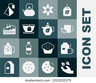 Set Tea leaf in hand, Cup of tea with milk, lemon, Flower, bag, Piece cake,  and Teapot icon. Vector