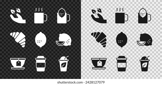 Set Tea leaf in hand, Cup of tea, with lemon, bag, Croissant and Lemon icon. Vector