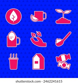 Set Tea leaf in hand, Paper package for milk, Candy, Spoon with sugar, Cup of tea, lemon,  and  icon. Vector