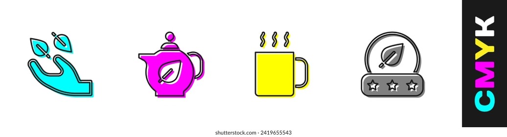 Set Tea leaf in hand, Teapot with, Cup of tea and  icon. Vector