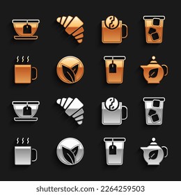 Set Tea leaf, Ice tea, Teapot with, Cup bag, of, time,  and Croissant icon. Vector