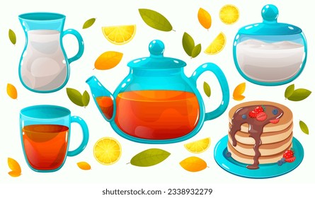 Set of tea, lemon, sugar, milk, mug, pancakes in cartoon style. Welcome autumn. Vector illustration