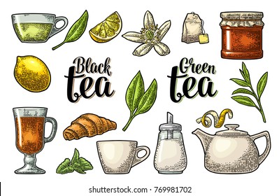 Set tea with lettering. Cup, branch, leaf, kettle, flower, lemon, croissant, bag, sugar shaker. Vector vintage engraving illustration for label, poster, web. Isolated on white background.