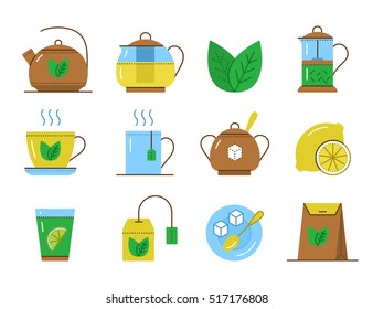 Set of tea line icons or pictogram. Vector illustrations: cup and kettle, hot herbal drink, teabag and mug, sugar, lemon and green leaf, teapot. Flat design elements isolated on white background