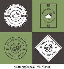 Set of tea logo, badges, banners, emblem for tea shop in linear style with  leaf seamless pattern background. Organic tea package design. Vector illustration.