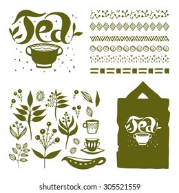 Set of tea logo, label, design elements, ornaments. Perfect for creating the site, corporate identity, log, restaurant menus, advertising and packaging.