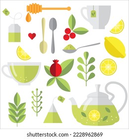 Set for tea lovers. Isolated elements with cup, teapot, lemon, tea bags, herbs, cake. Herbal tea, green tea. Simple minimalistic flat design style.