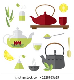 Set for tea lovers. Isolated elements with cup, teapot, lemon, teabags, herbs, cake. Herbal tea, green tea. Simple minimalistic flat design style. Japanese tea ceremony.