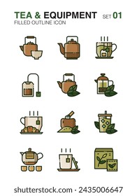 Set of Tea maker and equipment. Filled outline icon set01