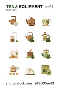 Set of Tea maker and equipment. Flat icon set01