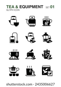 Set of Tea maker and equipment. Glyph icon set01