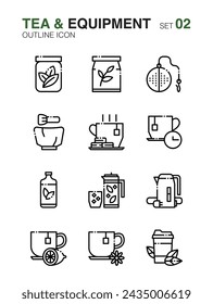 Set of Tea maker and equipment. Outline icon set02