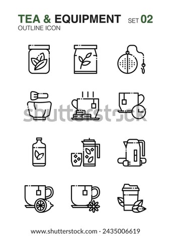 Set of Tea maker and equipment. Outline icon set02