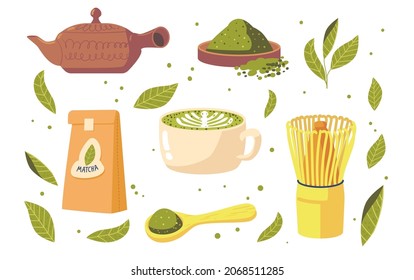 Set of Tea Matcha Products, Isolated Cup with Beverage, Tea Powder, Packaging, Bamboo Spoon, Whisk, Ceramic Bowl or Teapot, Japanese Traditional Drink, Healthy Production. Cartoon Vector Illustration