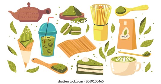 Set Tea Matcha Products, Isolated Cup with Beverage, Tea Powder, Packaging, Bamboo Mat and Spoon, Whisk, Ceramic Bowl or Teapot, Macaroon, Cake with Cold Drink and Leaves. Cartoon Vector Illustration