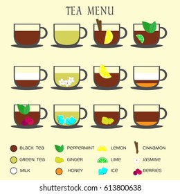 Set of tea menu icons. Different hot drinks recipes with various toppings. Vector banner collection, infographic concept. Labels for web design or restaurant tea carte