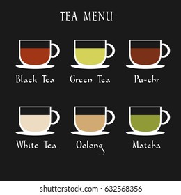 Set of tea menu icons with different sorts. Vector banner collection, infographic concept. Labels for web design or restaurant tea carte