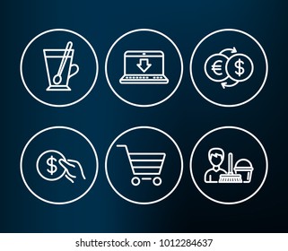 Set of Tea mug, Payment and Money exchange icons. Internet downloading, Market sale and Cleaning service signs. Cup with teaspoon, Usd coin, Eur to usd. Load data, Customer buying, Bucket with mop