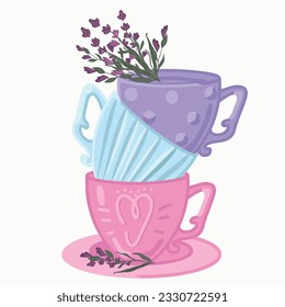 A set of tea mugs with a bouquet of lavender. Vector illustration.