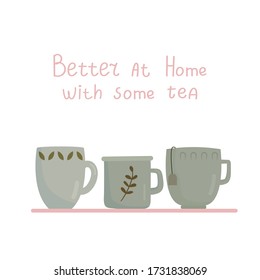 Set of tea mugs for brochure, website, postcard or invitation. A cup with leaves around the perimeter, a mug with a sprig of leaves, a cup with a tag for a tea bag. Vector illustration