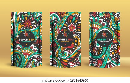 Set of tea packaging design with zip pouch bag mockup. Vector ornament template. Elegant, classic elements. Great for food, drink and other package types. Can be used for background and wallpaper.