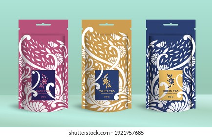 Set of tea packaging design with zip pouch bag mockup. Vector ornament template. Elegant, classic elements. Great for food, drink and other package types. Can be used for background and wallpaper.