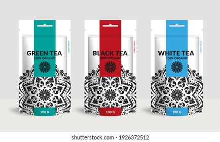 Set of tea packaging design with zip pouch bag mockup. Vector ornament template. Elegant, classic elements. Great for food, drink and other package types. Can be used for background and wallpaper.